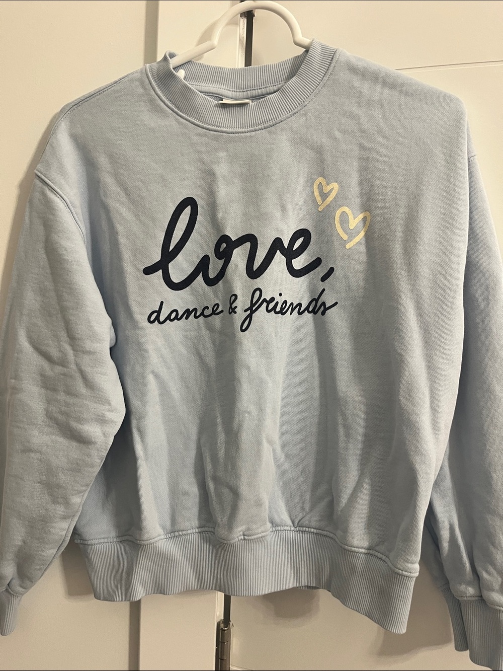 Zara Light Blue Crewneck Sweatshirt with Navy Script and Gold Hearts